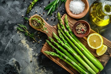 Poster - Fresh asparagus arranged on a natural wood cutting board, great for food styling and culinary photography