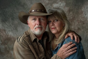 Wall Mural - Portrait of a tender couple in their 50s wearing a rugged cowboy hat in plain cyclorama studio wall