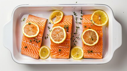 Wall Mural - Three pieces of salmon are surrounded by lemon slices and herbs