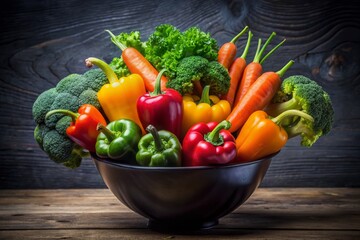 Sticker - Vibrant fresh vegetables like carrots, bell peppers, and broccoli dramatically swirl upward from a sleek black bowl, symbolizing healthy eating and nutritious living.