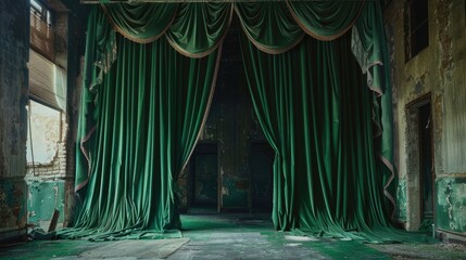 Poster - A cozy room with a green curtain and matching green floor, perfect for interior design or lifestyle shots