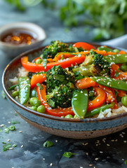 Poster - Fresh Stir-Fried Vegetables with Sesame Seeds Served Over Rice