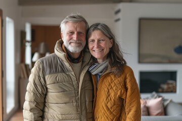 Wall Mural - Portrait of a tender caucasian couple in their 50s sporting a quilted insulated jacket over crisp minimalistic living room