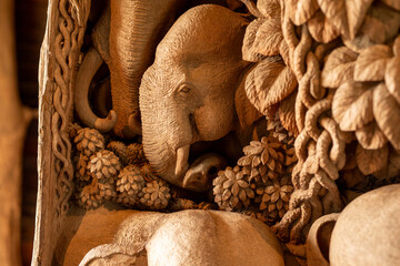 Poster - Intricate Wood Carving of Elephants