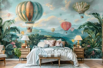 Poster - An eco-friendly design for a child's room. Fantasy wallpaper on the wall of the baby's room. Adventure theme. Photorealistic illustrations.