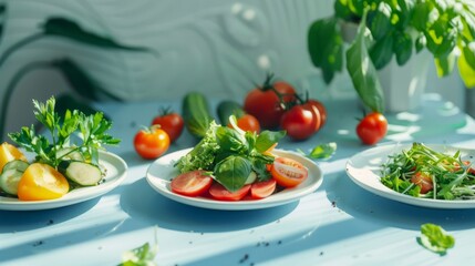 Wall Mural - Plates of healthy foods such as vegetables, fruits, lean proteins generative ai