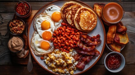 Wall Mural - Delicious all-American breakfast with eggs, pancakes, bacon, beans, and condiments on a rustic wooden table. Perfect for food enthusiasts.