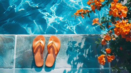 orange flip flop laying on the edge of a pool, with blue water and flowers in the background, clear water in a blue color, summer vibes, 