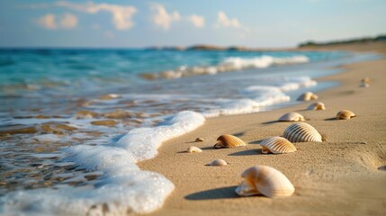 Canvas Print - The beach is covered in shells and foam. The shells are scattered across the sand, and the foam is in the water. The scene is peaceful and relaxing, with the sound of the waves