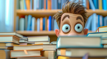 Stressed cartoon student surrounded by books in library