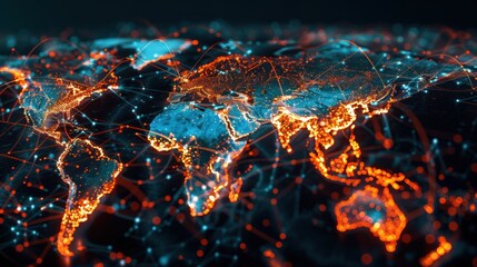 Poster - A close up of a globe with a network of lines connecting it. The globe is lit up with a warm orange glow, giving the impression of a network of connections