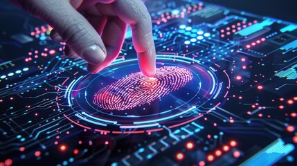 Poster - A hand is pointing at a digital fingerprint. Concept of security and trust, as fingerprints are unique to each individual and are often used as a form of identification. The use of bright colors
