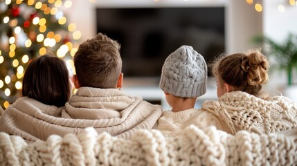 A family huddled together on a comfy couch, wrapped in cozy knits, enjoying a festive holiday evening with twinkling lights and a warm ambiance enhancing the holiday spirit.