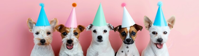 Poster - Five Dogs Wearing Party Hats on a Pink Background.