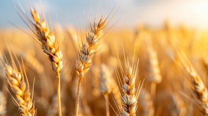 Sunlit wheat ears swaying gently in a golden field as the sun sets, capturing the serene and tranquil ambiance of a summer evening in an agricultural landscape.