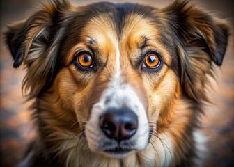 Wall Mural - A heartwarming close-up portrait of a dog's face highlighting its striking brown eyes, surrounded by a soft furry complexion, evoking emotions in animal enthusiasts.