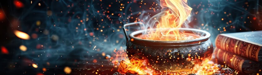 Magical cauldron with flames, ancient book, and mystical atmosphere. Perfect for fantasy themes, magic, and mystery storytelling.