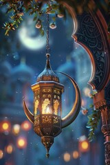 Poster - A lantern hangs from a tree branch against a bright moonlit night sky