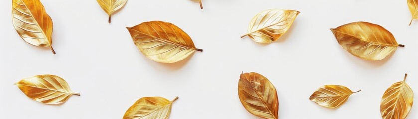 Wall Mural - A close up of gold leaves on a white background. The leaves are arranged in a pattern, creating a sense of order and harmony