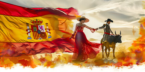 Spanish Flag with a Flamenco Dancer and a Bullfighter - Visualize the Spanish flag with a flamenco dancer representing Spanish dance and culture, and a bullfighter