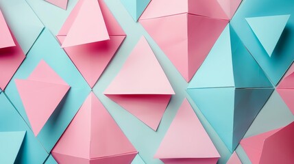Poster - An abstract white, blue, and pink geometric 3D texture with tetrahedrons.