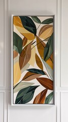 Fototapete - A vertical picture frame on a white wall showcasing an abstract foliage painting. The design features geometric leaf patterns in a palette of green, yellow, and brown, with a modern, edgy feel