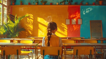 Wall Mural - Editorial advertising photography of a schoolchild returning home, education theme, bright and cheerful setting, empty copy space for text on side