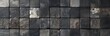 © Mark - The old gray grey vintage worn geometric arabesque shabby mosaic ornate patchwork motif occurs on the porcelain stoneware tiles on the stone concrete cement wall texture background banner panorama.