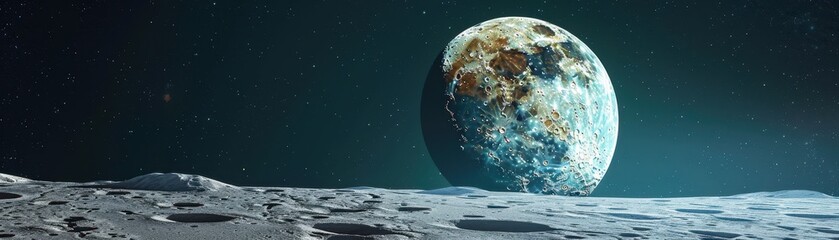 Wall Mural - a large moon is floating above a calm ocean. the sky is filled with stars, creating a serene and pea