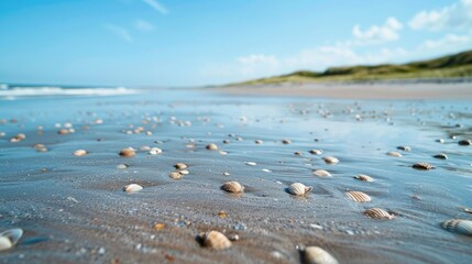 Poster - A serene empty sand beach with scattered shells, providing a perfect backdrop for a summer sea scene. The expansive copy space can be seen in the foreground.