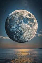 Wall Mural - a large moon is floating above a calm ocean. the sky is filled with stars, creating a serene and pea