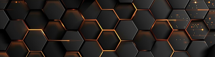 Poster - Black metal hexagonal abstract background with golden light lines. Bright grid pattern. Black horizontal banner wallpaper. Platinum gold abstract background. Platinum gold abstract background.
