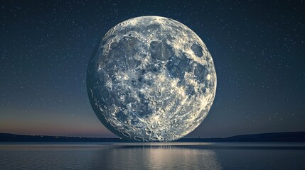 Wall Mural - a large moon is floating above a calm ocean. the sky is filled with stars, creating a serene and pea