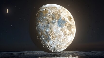 Wall Mural - a large moon is floating above a calm ocean. the sky is filled with stars, creating a serene and pea