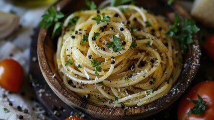 Wall Mural - Delicious plate of spaghetti carbonara garnished with black pepper and fresh parsley, served in a rustic wooden bowl. Gourmet food photography.