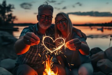 Wall Mural - Senior couple with sparklers in the shape of heart.