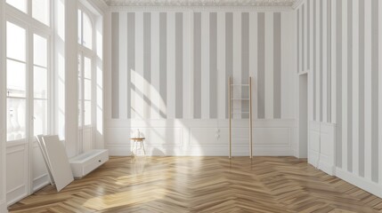 A white room with parquet flooring, shits of striped gray wallpaper on the walls with copy space. Housework concept.