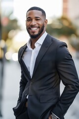 Canvas Print - A man in a suit smiling in the city.