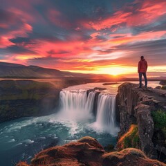Poster - A male tourist stands on a cliff, his gaze fixed on the flowing GoÃ°afoss waterfall during a colorful summer sunset. The sky is filled with warm hues 