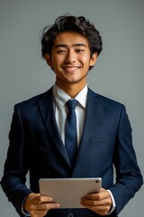 Canvas Print - Young man in a suit holding a tablet.