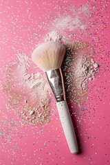 Makeup brush and powder on pink glitter background