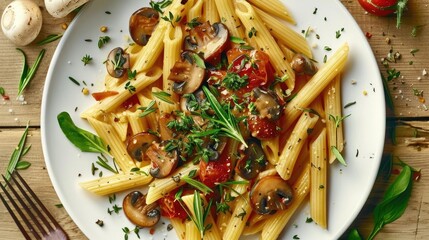 Wall Mural - Delicious penne pasta with mushrooms, tomatoes, and fresh herbs on a white plate. Perfect for a mouthwatering Italian dish.