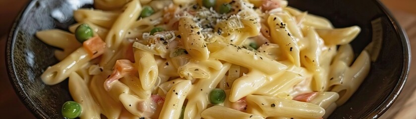 Wall Mural - Creamy pasta dish with vegetables in a black bowl on a wooden table, garnished with herbs and parmesan cheese.