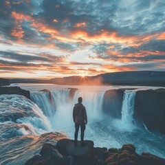 Poster - A stunning view of GoÃ°afoss waterfall during a summer evening, as the vibrant sunset colors illuminate the sky. A male tourist, wearing a casual outfit, stands on a cliff in awe of the scene. 