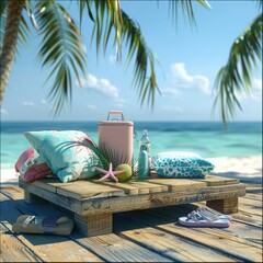 Poster - A wooden podium on a sunny beach, displaying a variety of summer products such as a cooler bag, a beach pillow, and a pair of beach shoes.