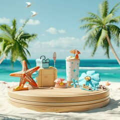 Poster - A wooden podium on a sunny beach, displaying a variety of summer products such as a cooler bag, a beach pillow, and a pair of beach shoes