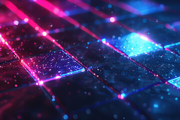 Wall Mural - Futuristic Neon Cyber Grid Background with Glowing Geometric Patterns and Digital Lights for High-Tech Visuals, Tech-Themed Presentations, and Modern Web Design