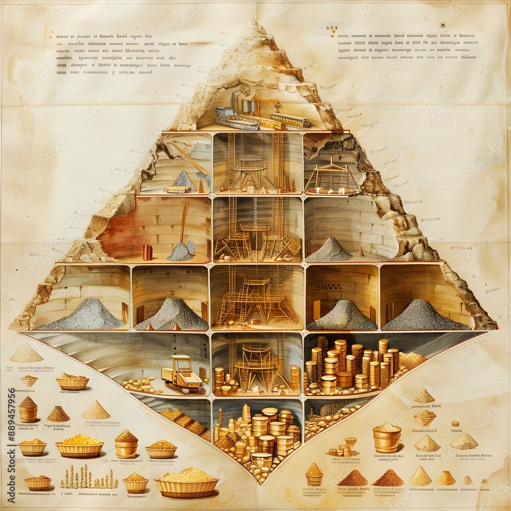 Vintage Funnel Chart Depicting Gold Production Process from Mining to Market