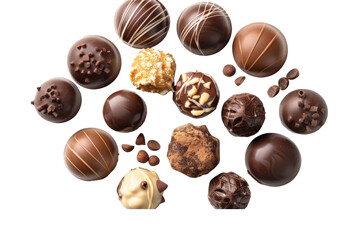 Canvas Print - Assorted chocolate pralines, separated on a clean white background, showcasing their intricate designs and rich colors