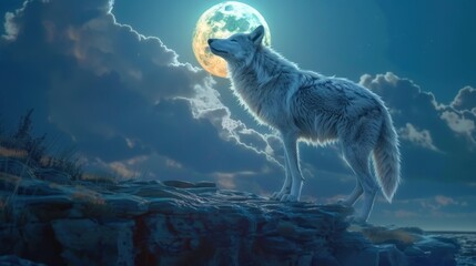 A white wolf standing on a rocky cliff, its head thrown back in a haunting howl under the full moon, capturing a sense of ethereal beauty.